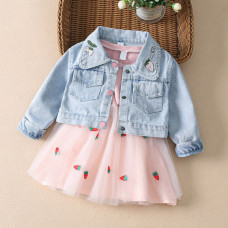 Dress with appliques and denim jacket